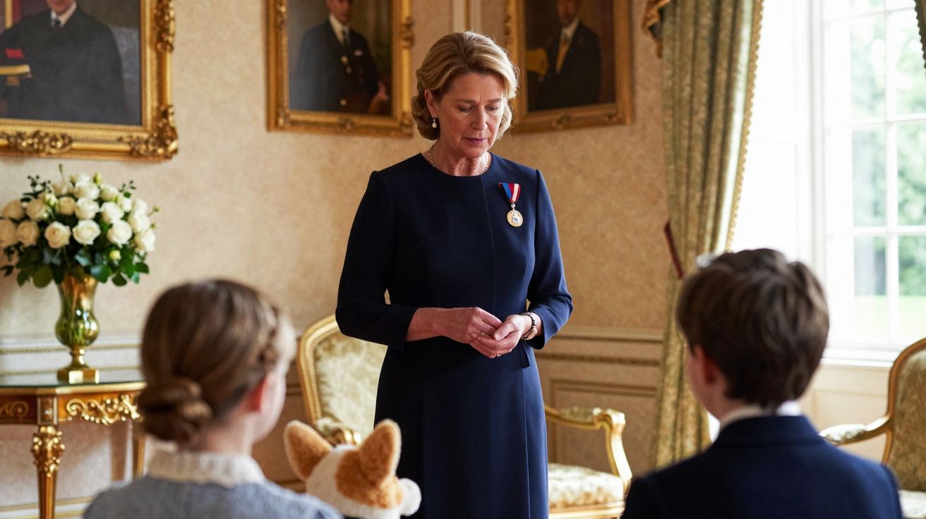 Mulher com medalha a falar com duas crianças num salão elegante com quadros e flores.