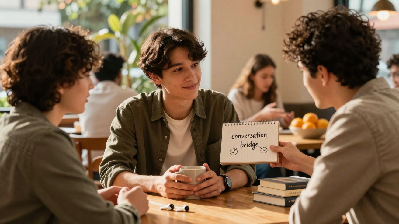 Três jovens sentados à mesa de café, um segura uma placa com as palavras "conversation bridge".