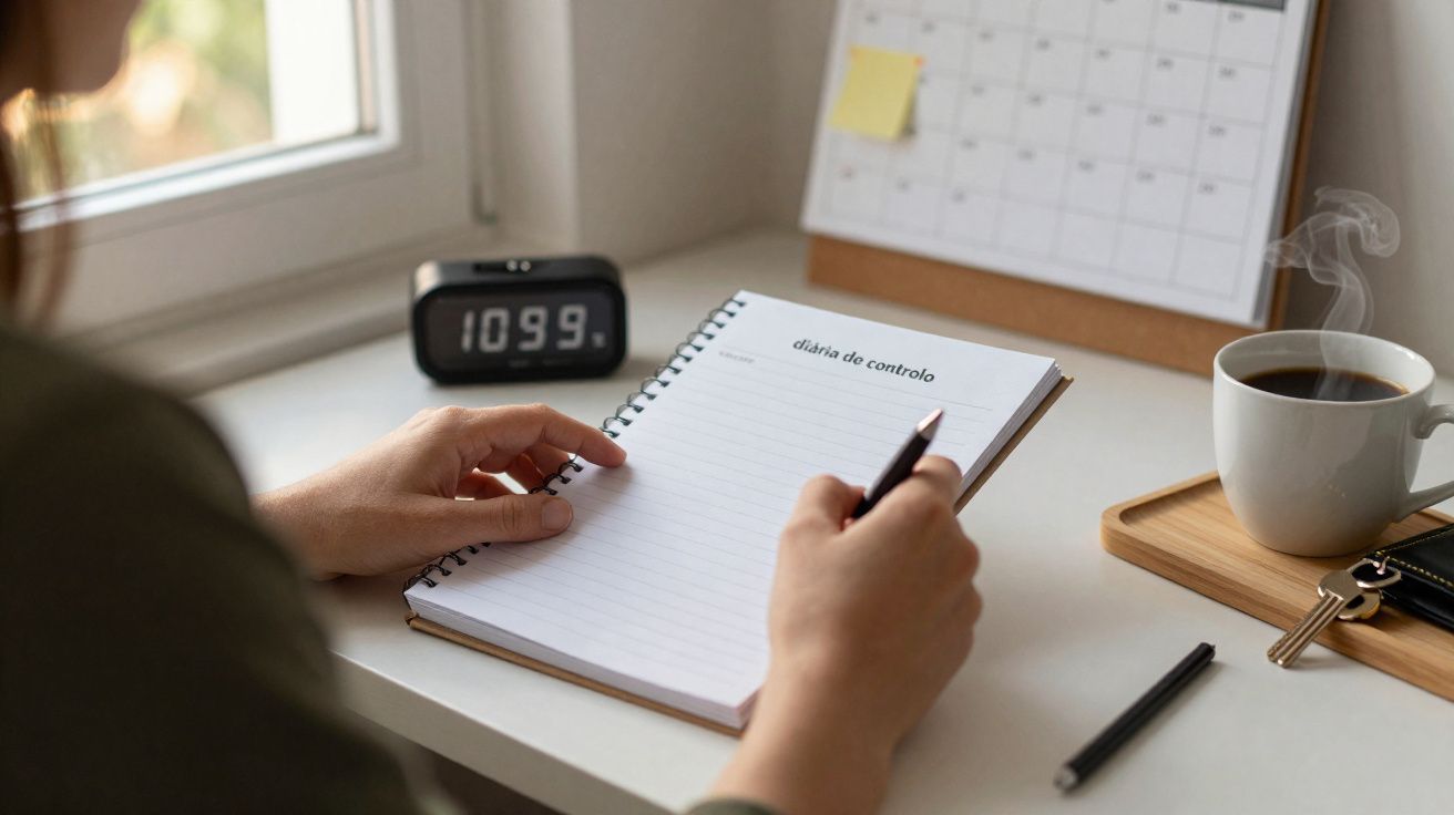 Pessoa a escrever num diário de controlo numa secretária junto a uma chávena de café e um relógio digital.
