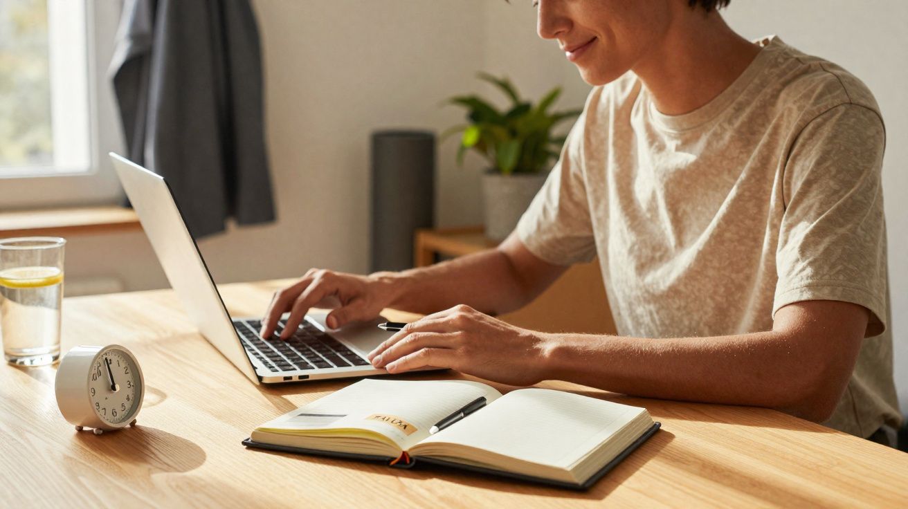 Pessoa sentada a trabalhar num portátil numa mesa com caderno, caneta, relógio e copo de água com limão.