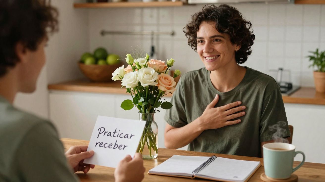Pessoa sorridente sentada à mesa frente a outra segurando cartão com texto "Praticar receber".