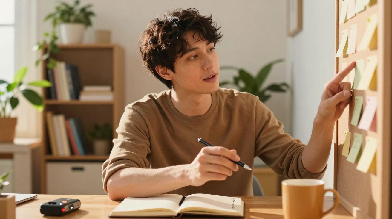 Jovem sentado à secretária a apontar para notas em quadro, com bloco de notas aberto e chá na mesa.