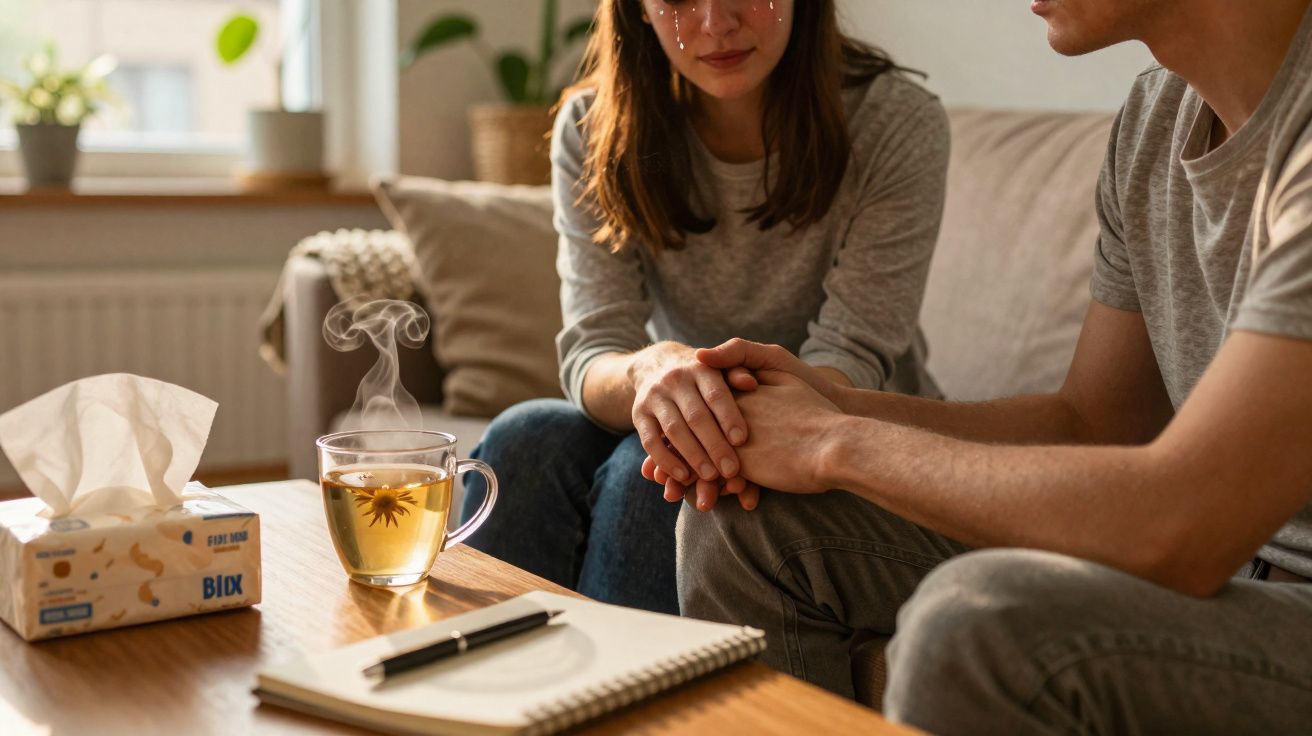 Homem consola mulher triste que chora numa sala, ambos sentados no sofá de uma casa acolhedora.