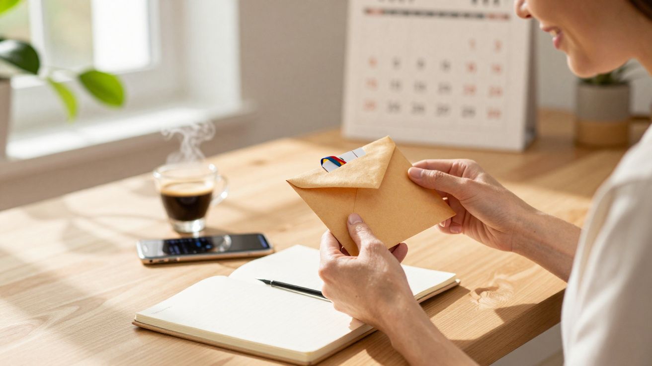 Pessoa a abrir um envelope num escritório com chá quente, telemóvel, caderno e calendário na mesa.