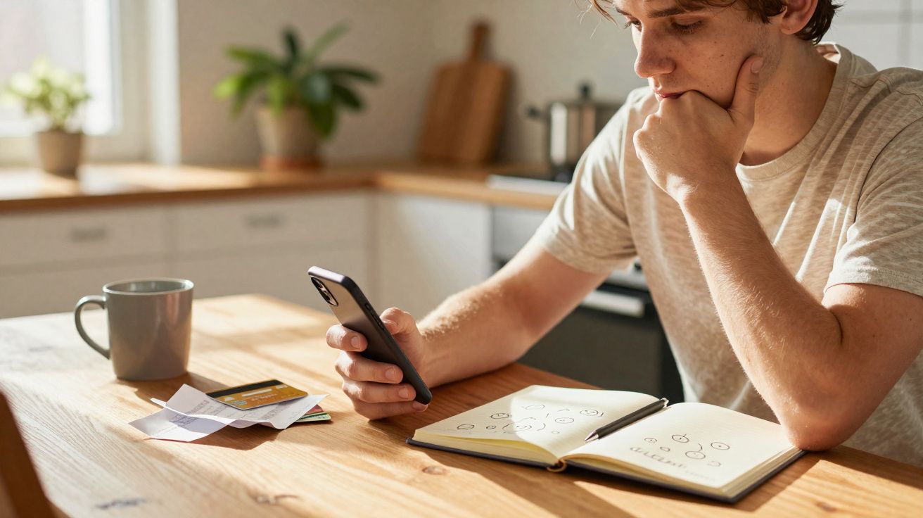 Jovem sentado a uma mesa de cozinha, a olhar para o telemóvel com expressão pensativa e a organizar despesas.