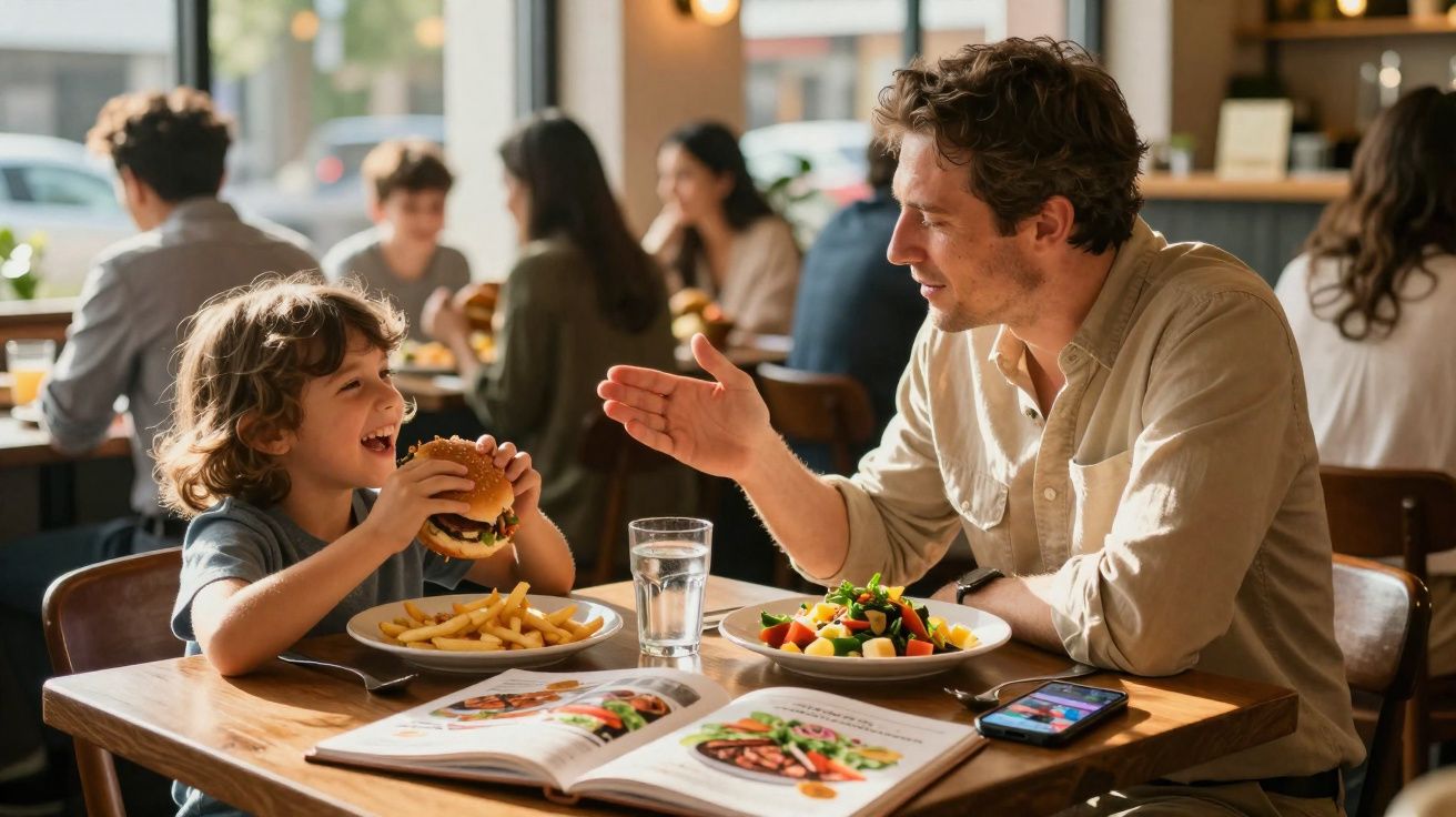 Criança a comer hambúrguer e adulto a falar com ela numa mesa de restaurante com comida e livro aberto.