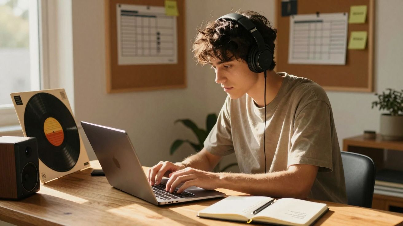 Jovem com auscultadores a trabalhar num computador portátil numa mesa com disco de vinil e caderno aberto.
