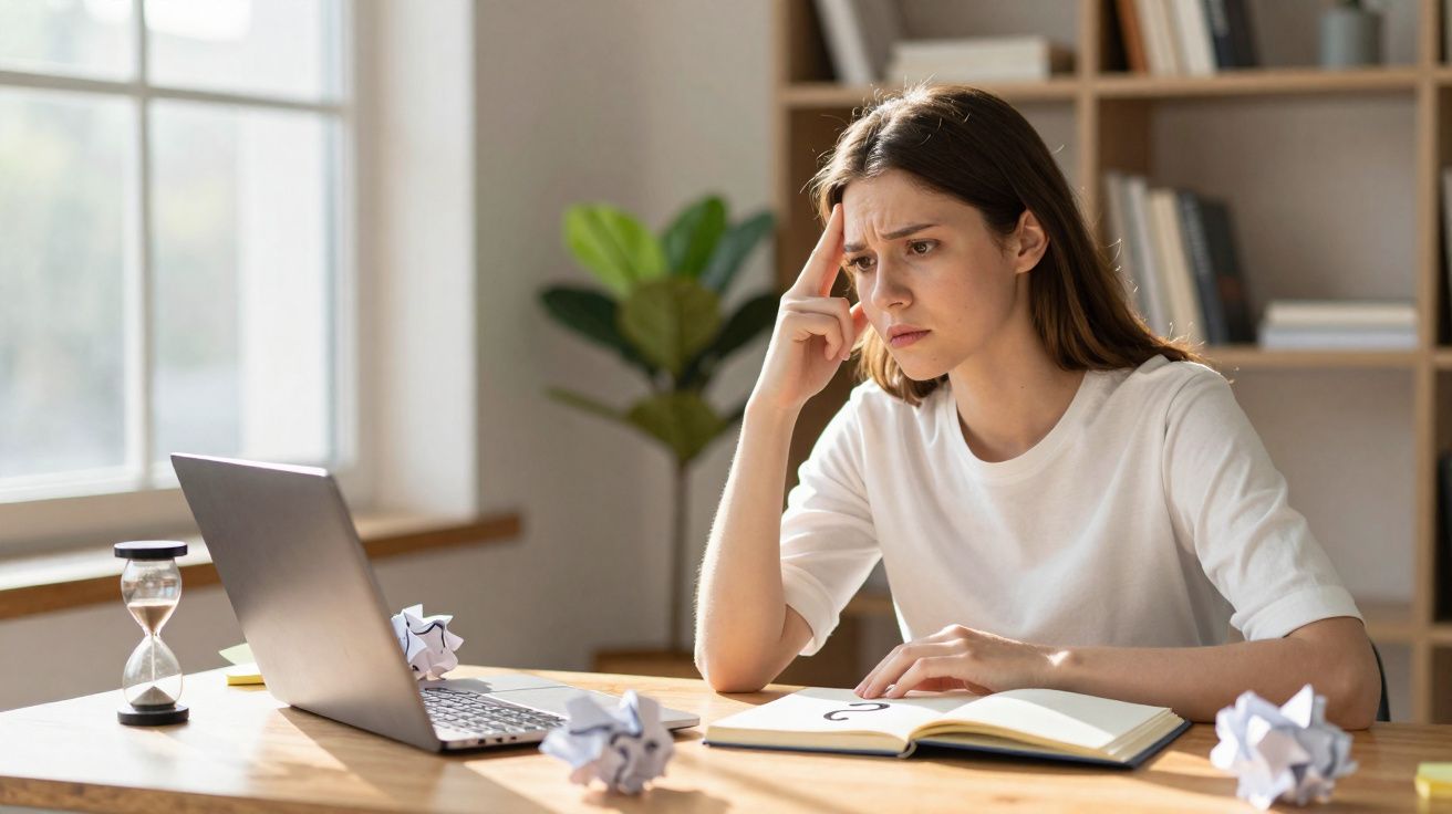 Mulher preocupada a trabalhar com laptop e caderno, rodeada de papéis amassados numa mesa junto à janela.