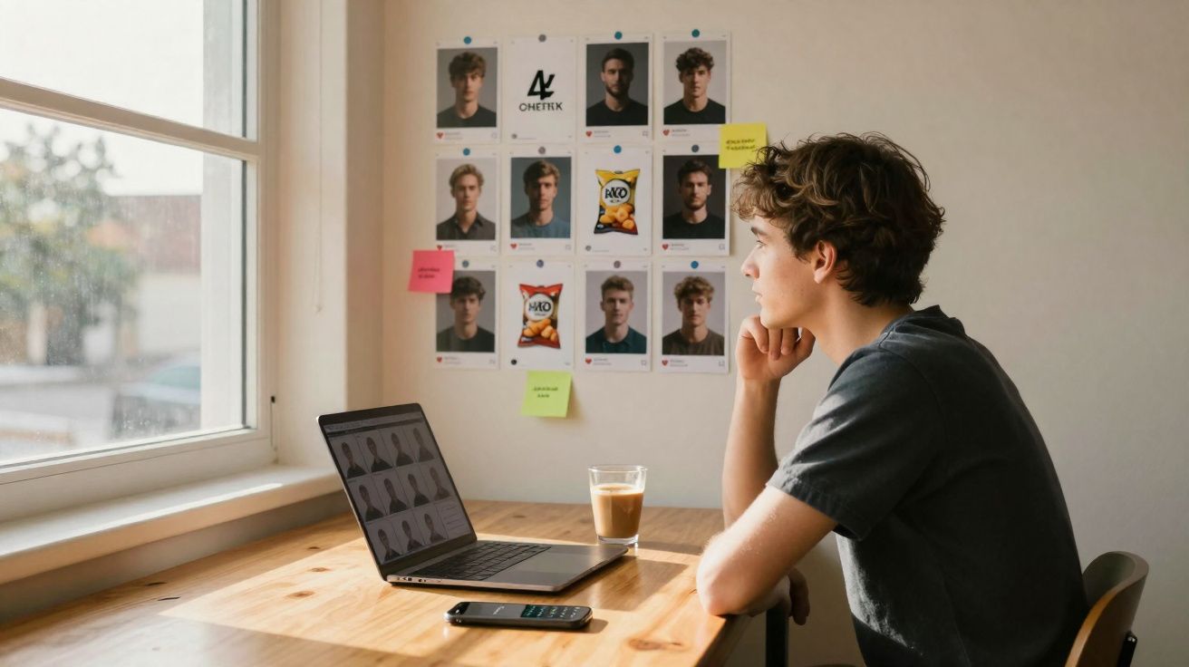 Jovem sentado à secretária a olhar para ecrã de computador com várias fotografias numa parede à sua frente.