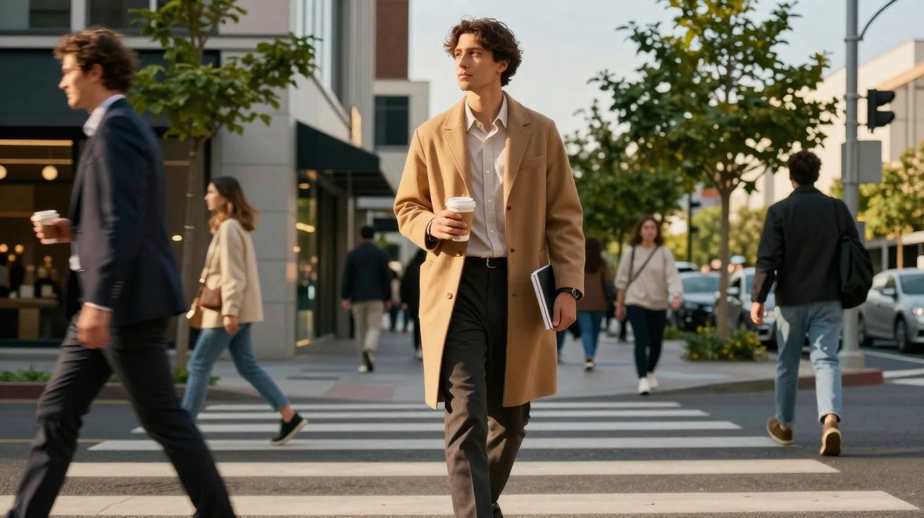 Homem jovem de casaco bege a atravessar passadeira urbana com café e caderno na mão, durante o dia.