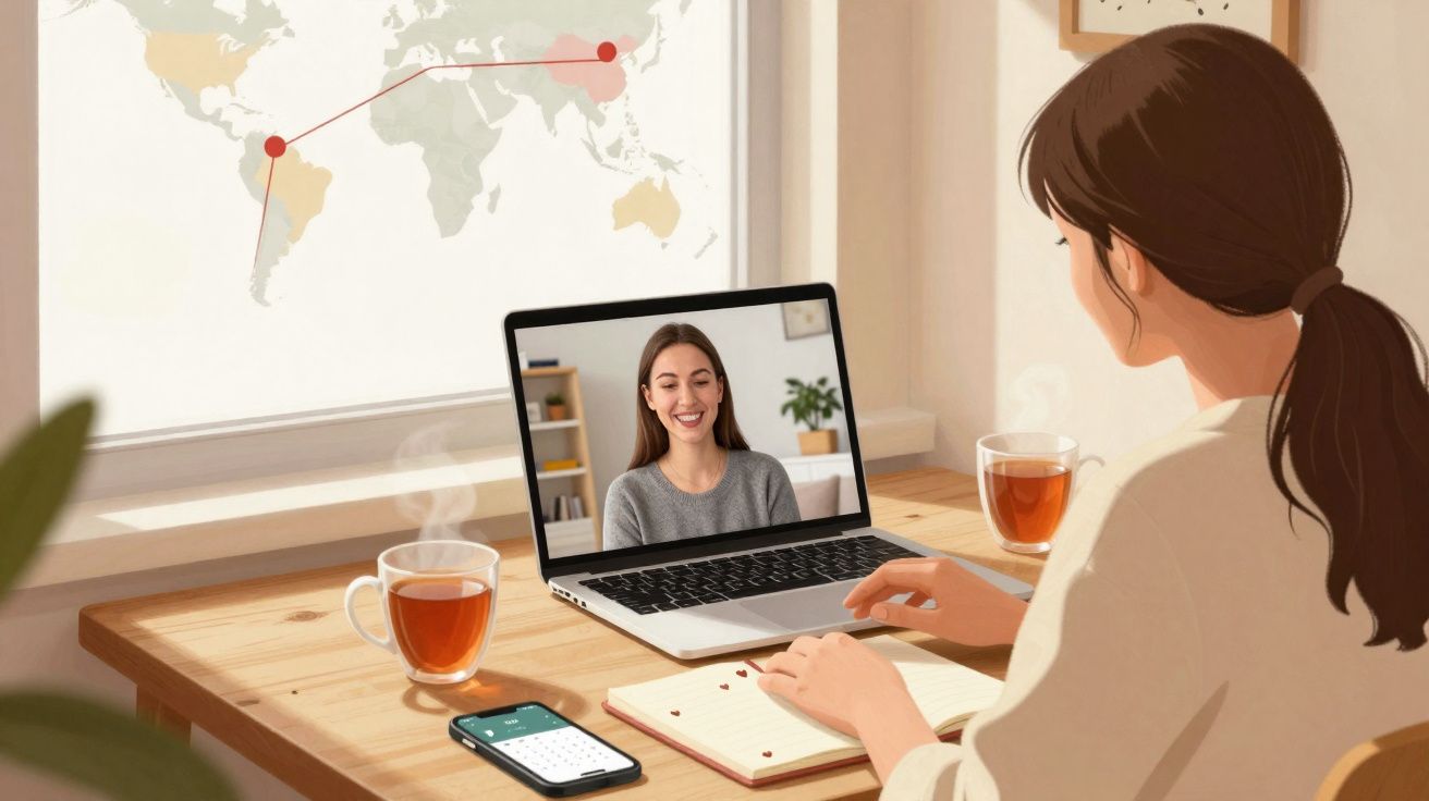 Mulher a trabalhar à mesa com laptop numa videochamada e chá ao lado, num ambiente luz natural.