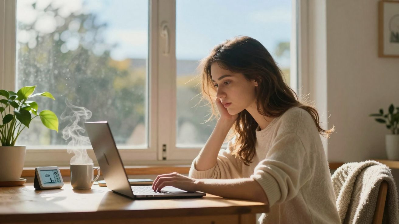 Mulher a trabalhar no computador portátil junto a uma janela, com chá quente e plantas na secretária.