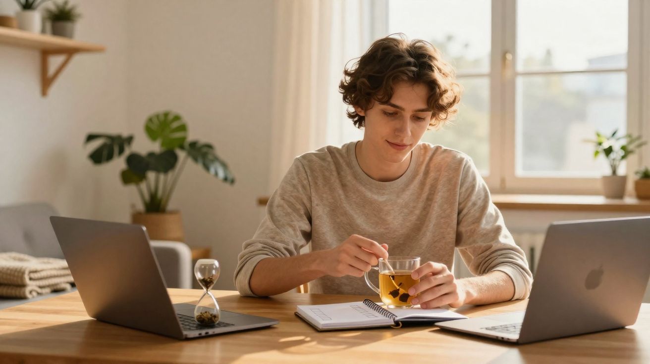 Jovem sentado à mesa com computador, a mexer chá numa chávena, num ambiente de trabalho em casa iluminado.