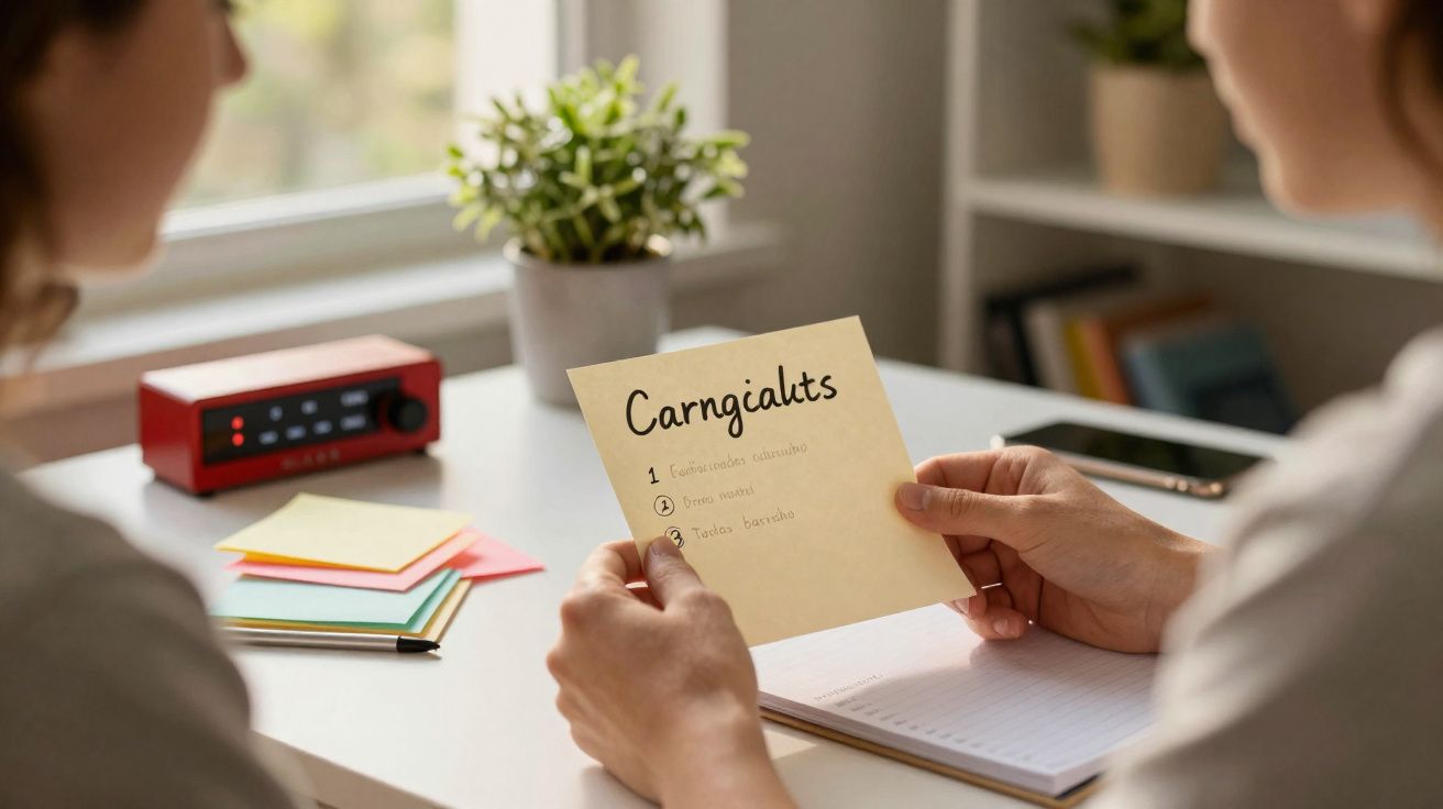 Duas pessoas a ler uma lista de tarefas numa folha amarela num ambiente de escritório iluminado.