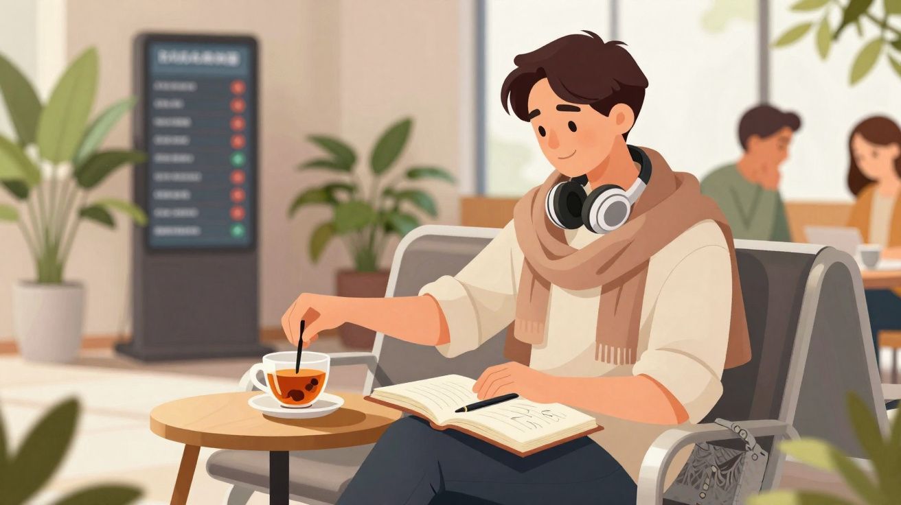 Jovem sentado numa cafeteria, a ler um livro e a mexer uma chávena de chá com colher.