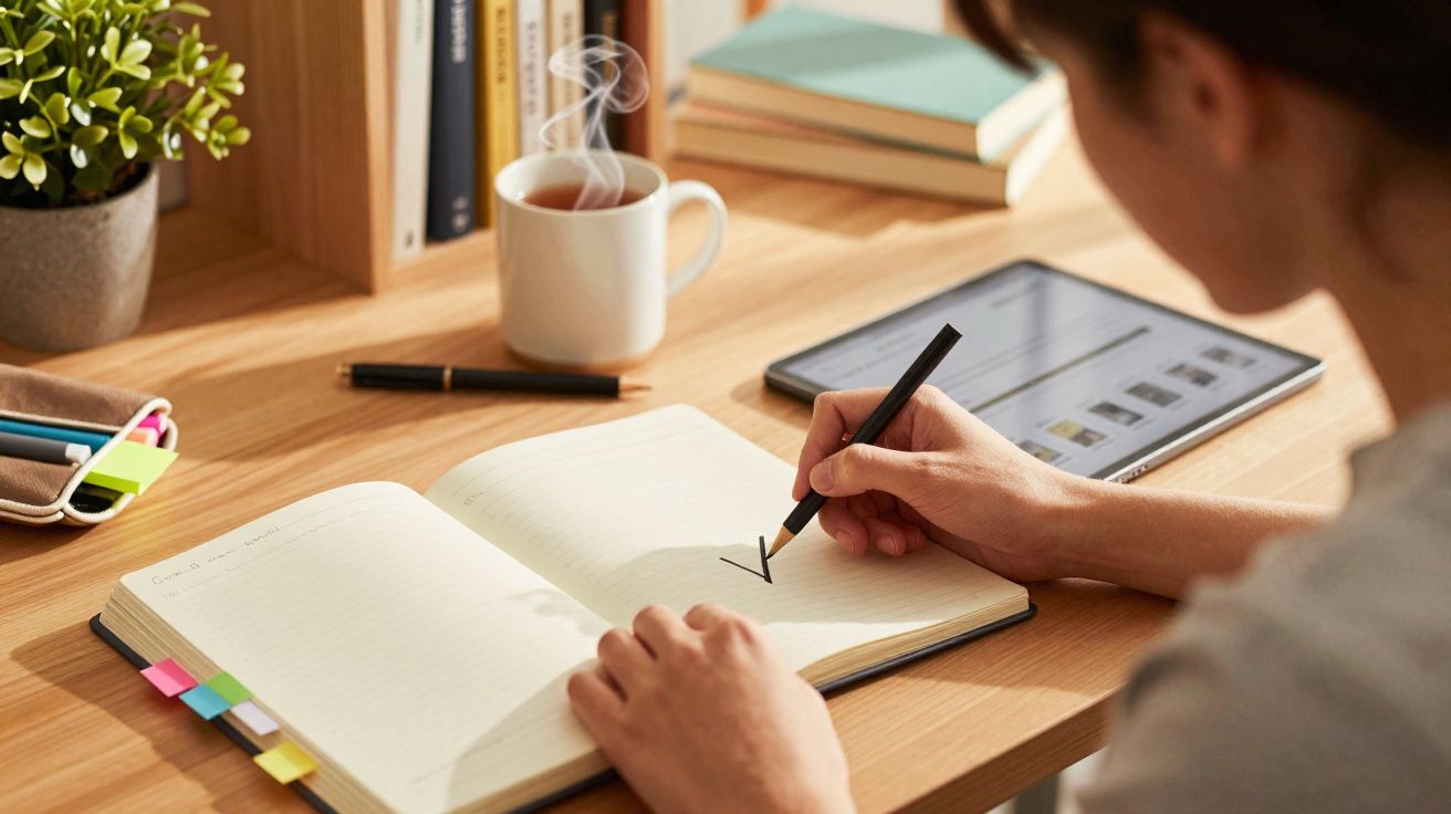 Pessoa a escrever numa agenda junto a uma mesa com chá quente, tablet e livros numa zona de trabalho iluminada.