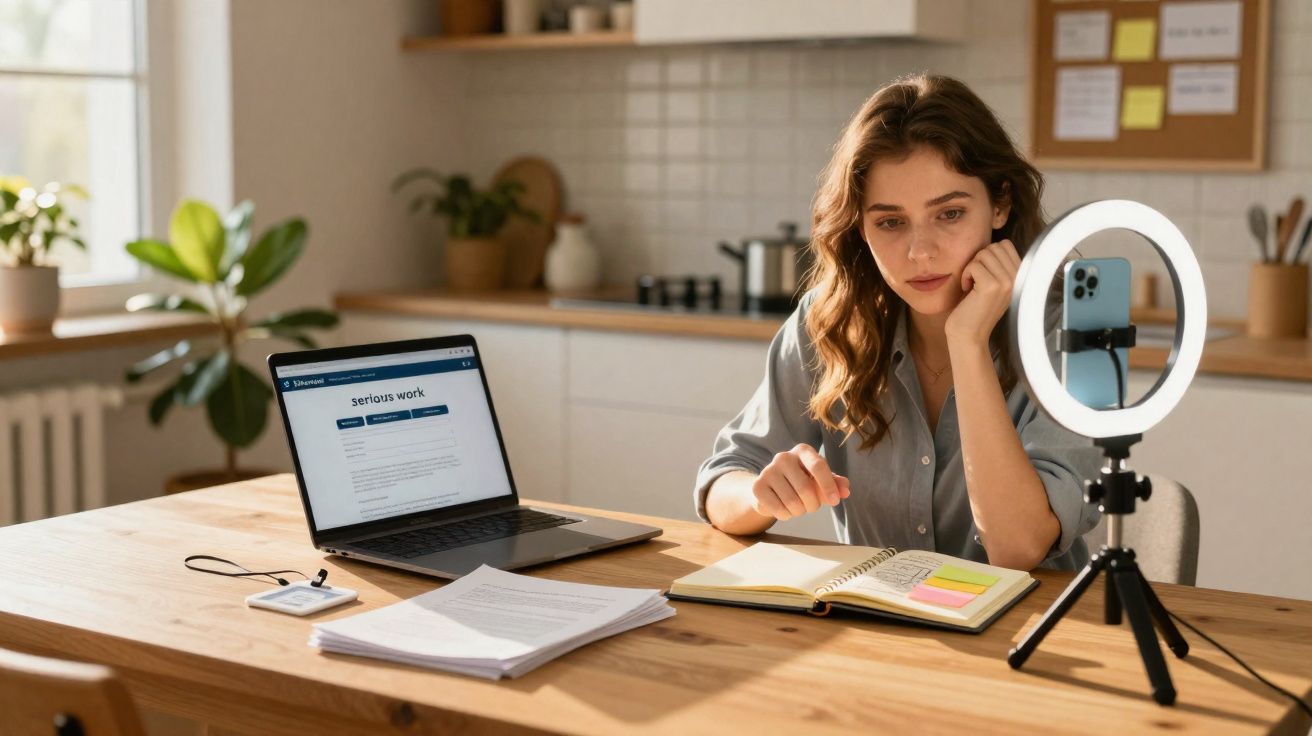 Mulher a estudar em casa com computador, cadernos e anel de luz para gravação no telemóvel.