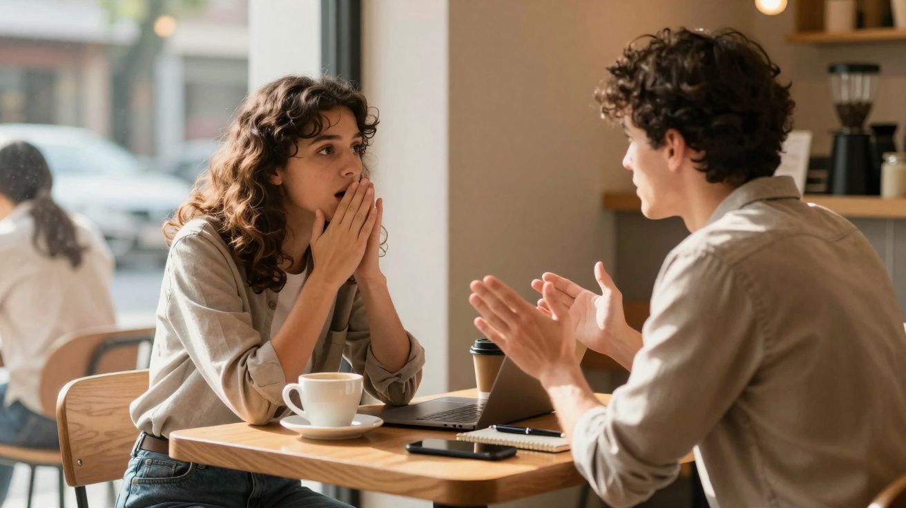 Dois jovens sentados numa mesa de café, ela surpresa com as mãos na cara, ele a explicar algo com gestos.