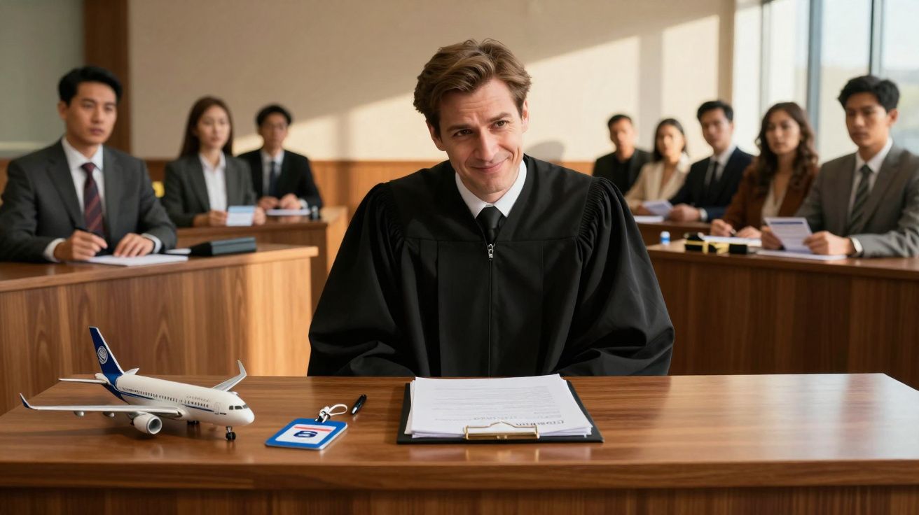 Homem de bata preta sentado numa sala de tribunal com miniatura de avião e documentos à sua frente.