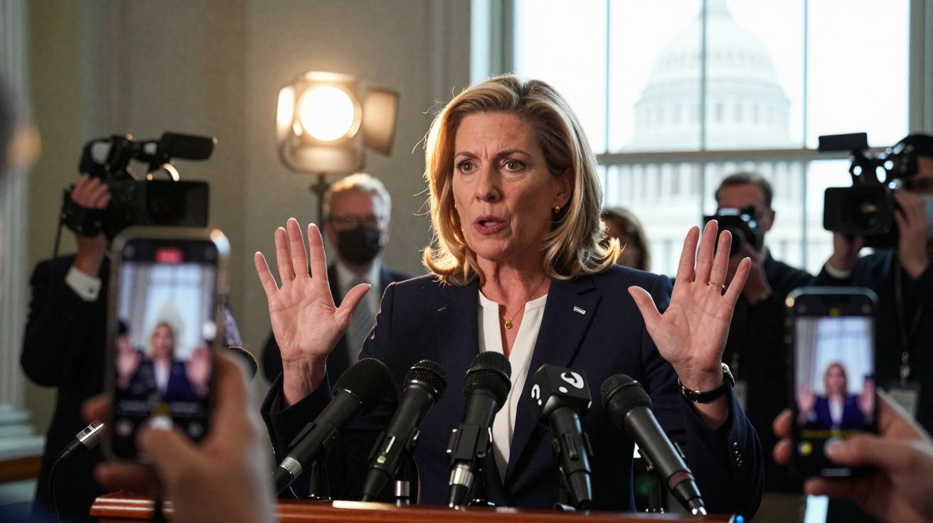 Mulher em fato azul fala em conferência de imprensa com mãos levantadas diante de microfones e câmaras.