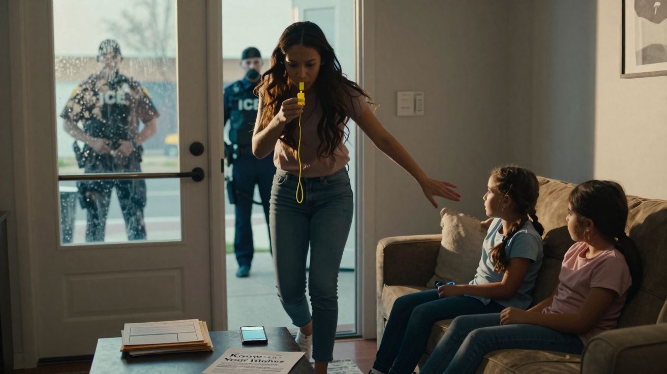 Mulher assoprando apito dentro de casa com duas meninas sentadas no sofá e dois agentes do ICE na porta.