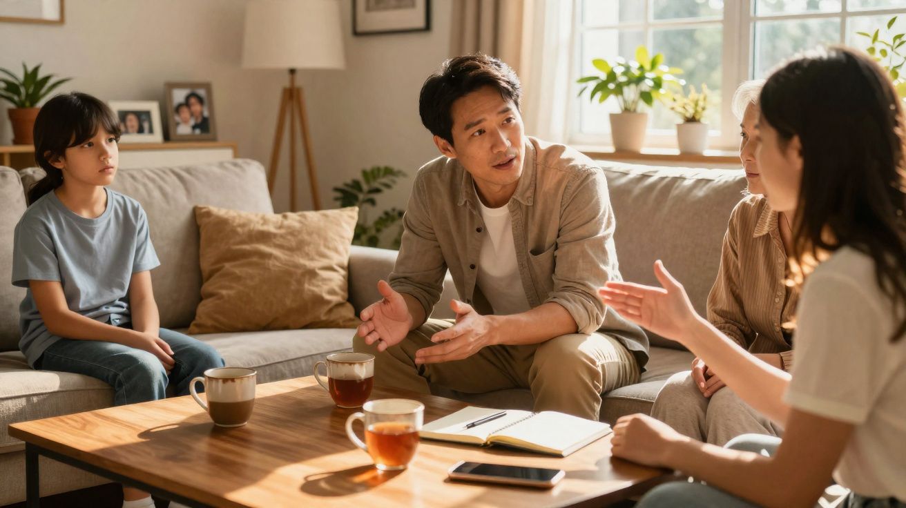 Família asiática a conversar sentada na sala, com chá e telemóvel na mesa de madeira.