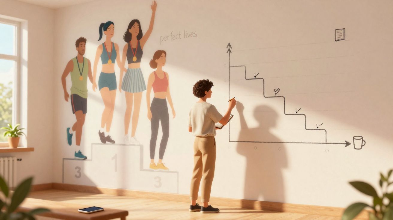 Pessoa desenha gráfico de escada com marcos em parede, com mural de quatro atletas em pódio ao fundo.