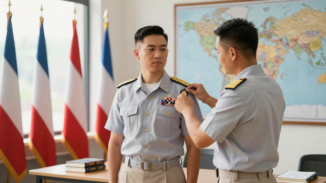 Dois militares asiáticos em uniforme cinzento, um a colocar insígnia no ombro do outro, mapa-múndi e bandeiras ao fundo.