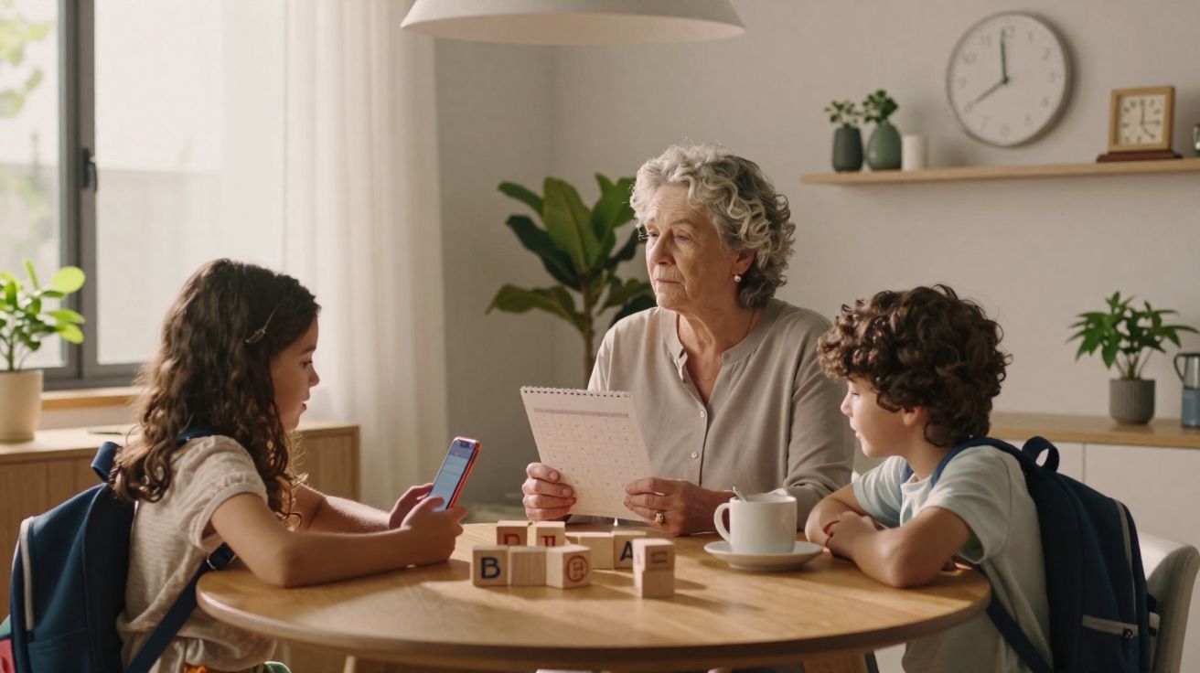 Avó sentada à mesa com dois netos, brincando com blocos de letras e um telemóvel numa sala iluminada.