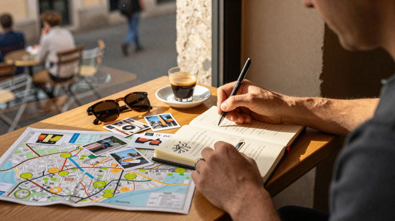 Pessoa a escrever num caderno, com mapa, fotos, óculos de sol e café numa mesa junto a uma janela.