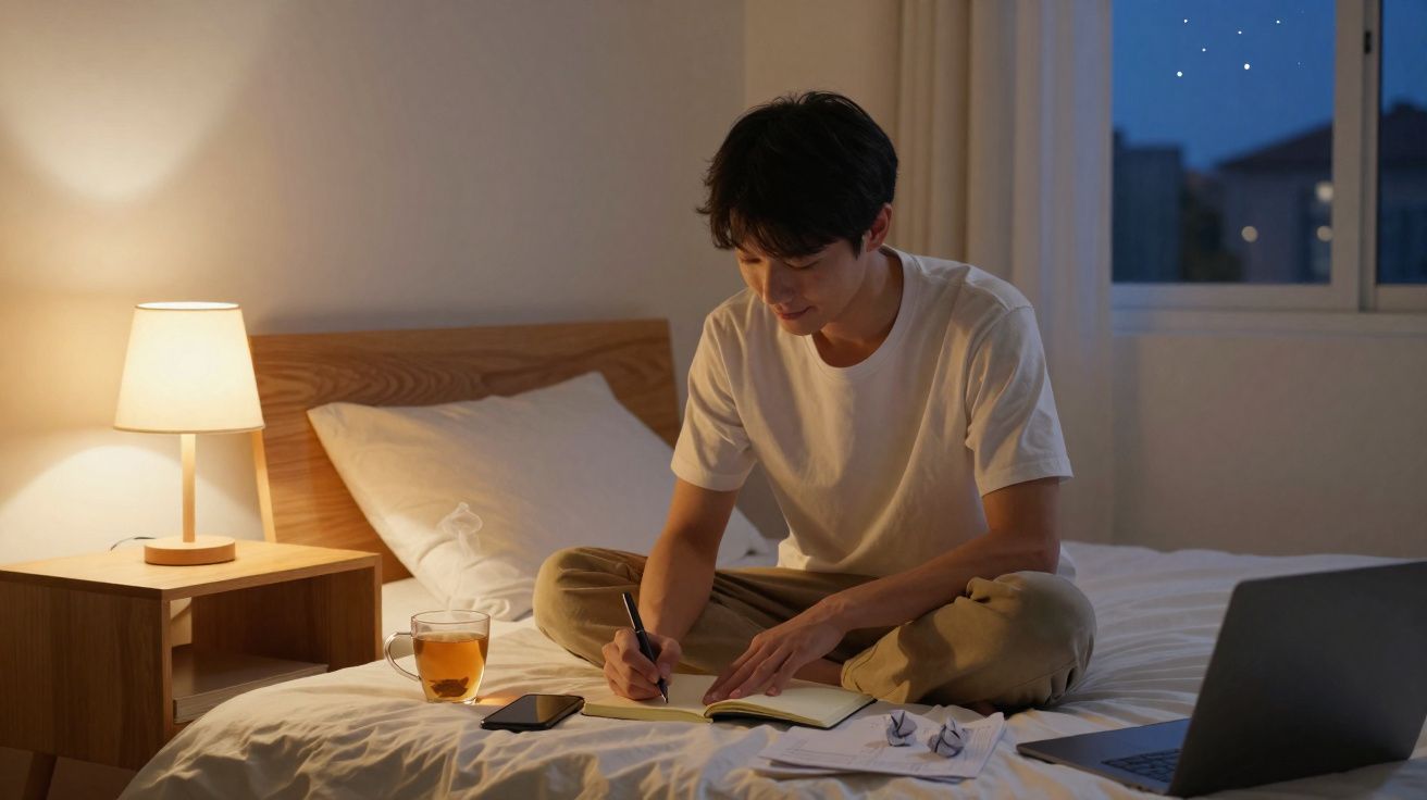 Homem sentado na cama à noite a escrever num caderno, com chá, telemóvel e portátil à sua frente.