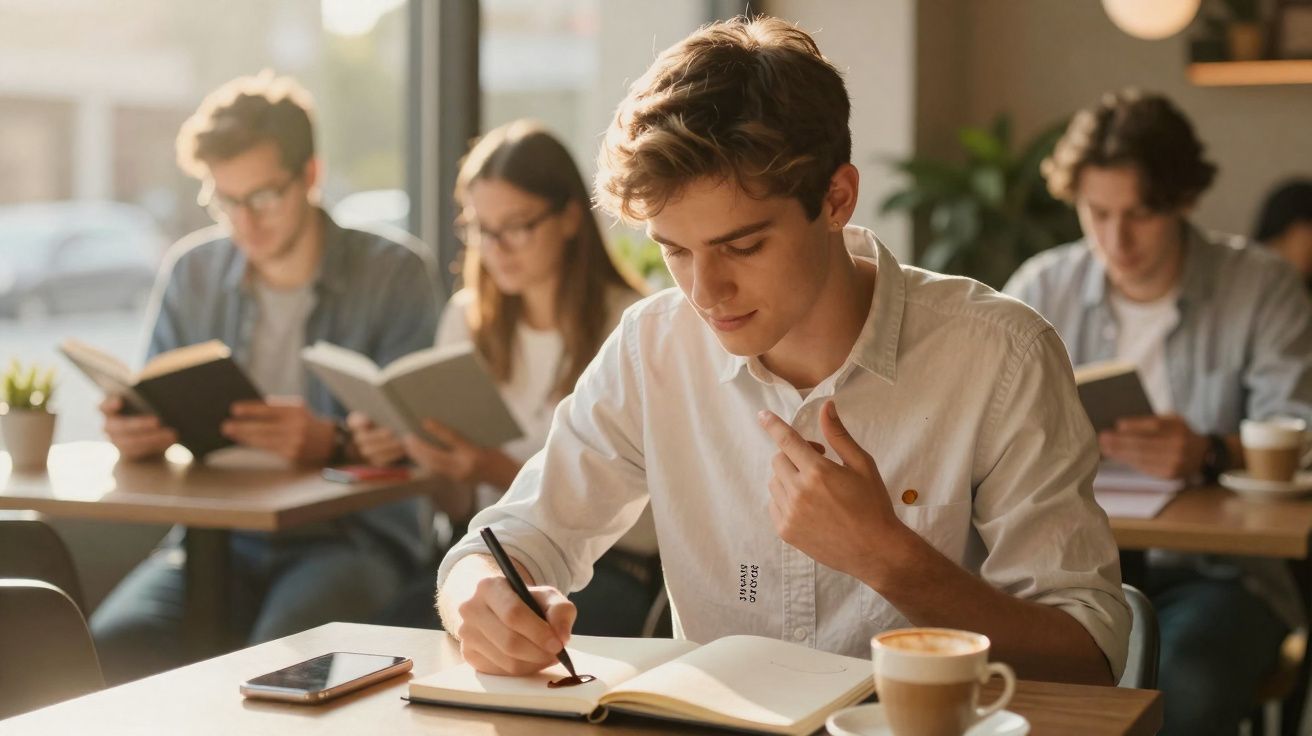 Jovem a estudar e escrever num caderno, com três pessoas a lerem livros ao fundo numa cafetaria iluminada.