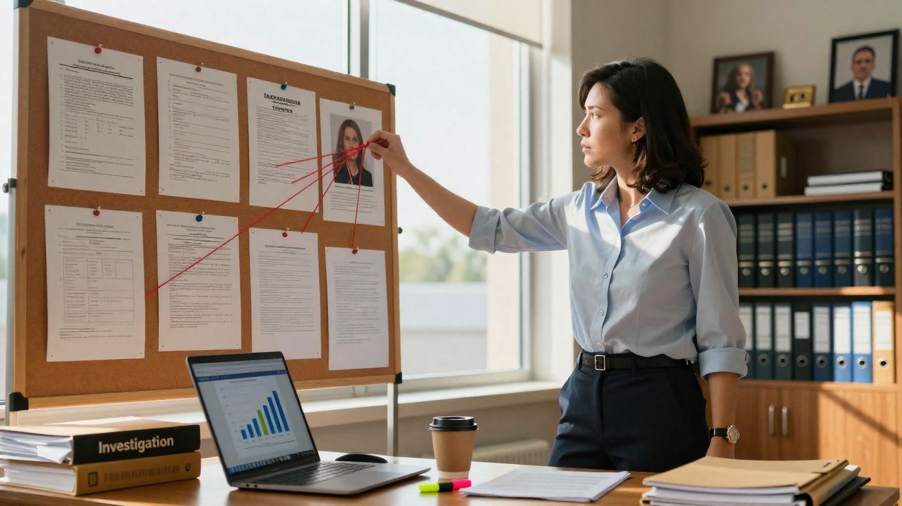 Mulher a analisar quadro com documentos ligados por fios vermelhos em escritório iluminado.