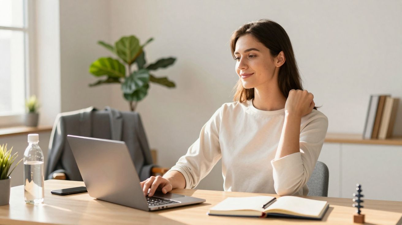 Mulher a trabalhar num portátil num escritório luminoso, com caderno aberto e garrafa de água na mesa.