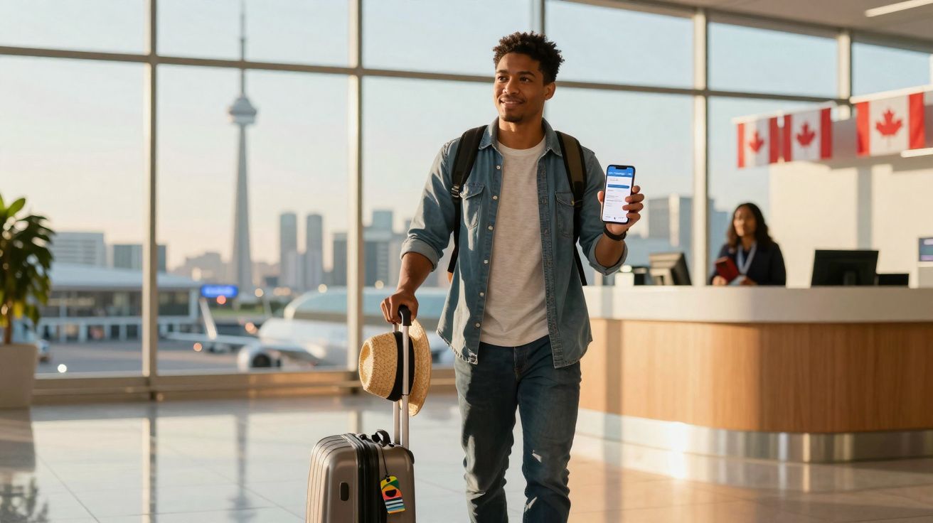 Homem com mochila e mala no aeroporto a mostrar bilhete de avião digital no telemóvel.