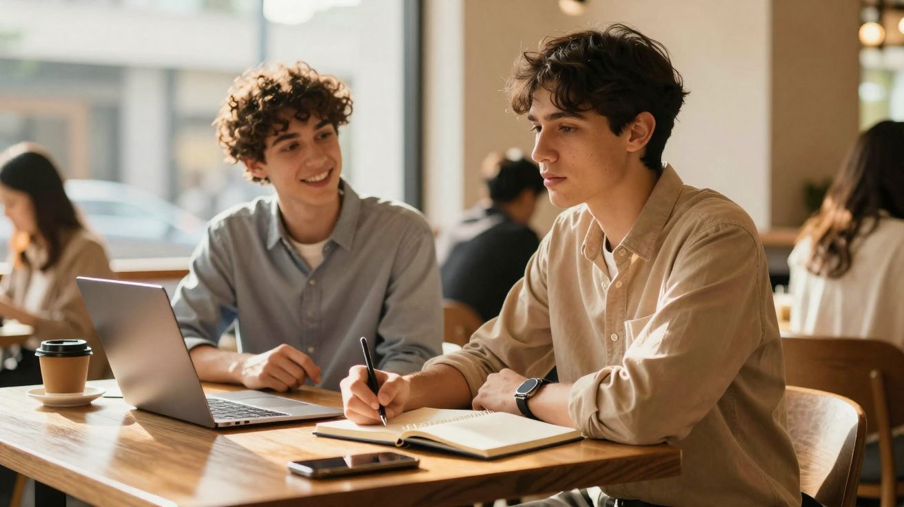 Dois jovens a estudar juntos numa cafeteria, um a escrever e outro a sorrir ao computador portátil.