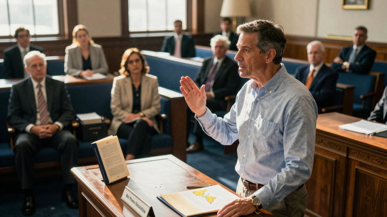 Homem defende um caso num tribunal, enquanto várias pessoas observam sentadas nas bancadas.