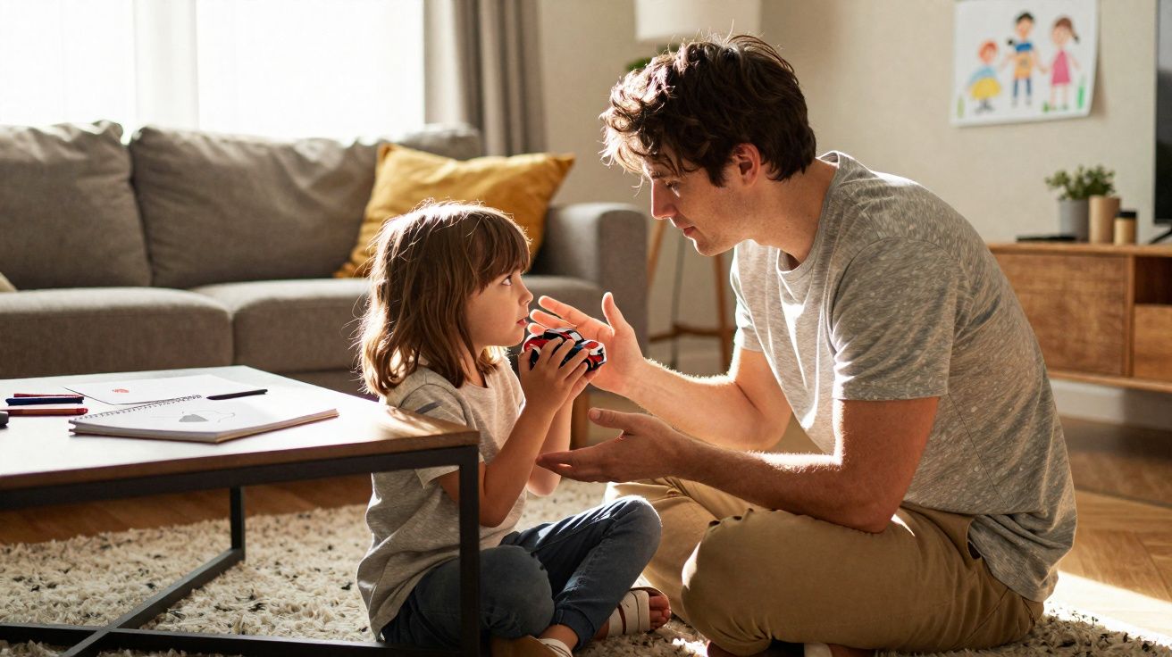 Homem e criança sentados no chão da sala a conversar, com brinquedo nas mãos da criança.