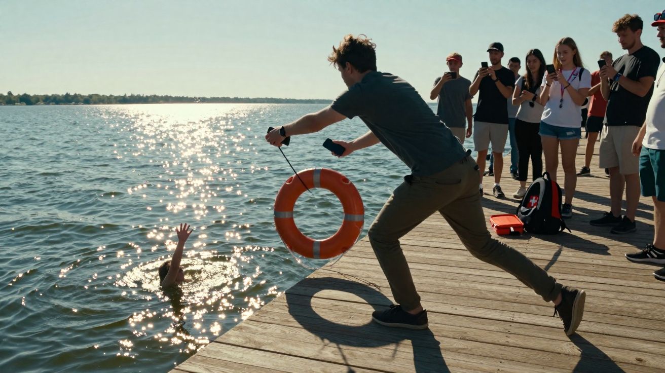 Homem a lançar boia salva-vidas para pessoa a pedir ajuda dentro de lago, com grupo a observar no cais.