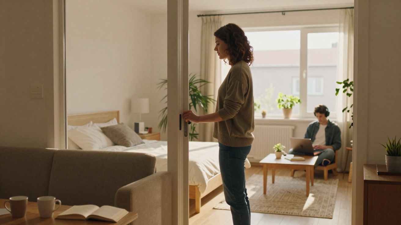 Mulher a abrir porta de correr entre sala e quarto onde homem está sentado a usar portátil.
