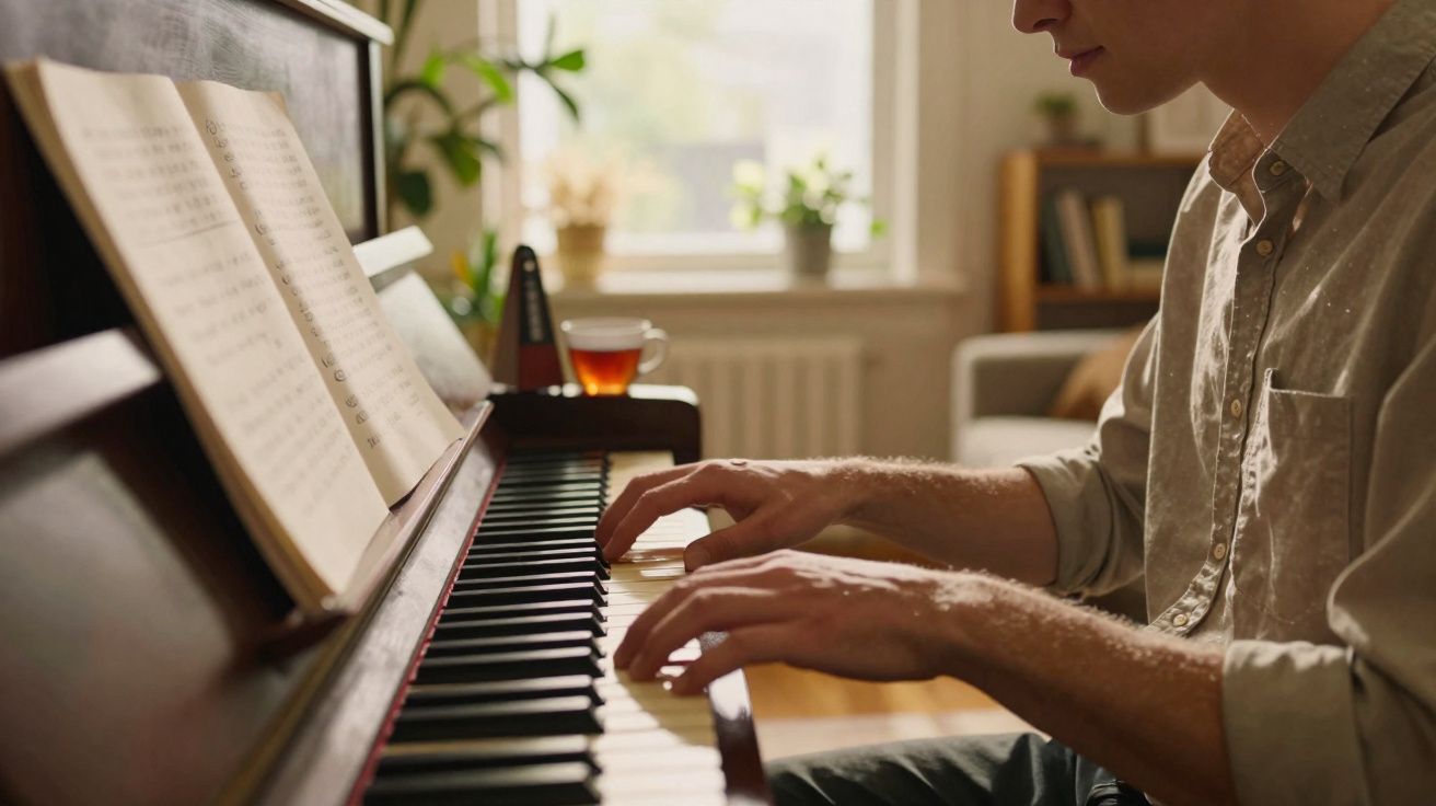 Pessoa a tocar piano com partitura aberta numa sala iluminada por luz natural.