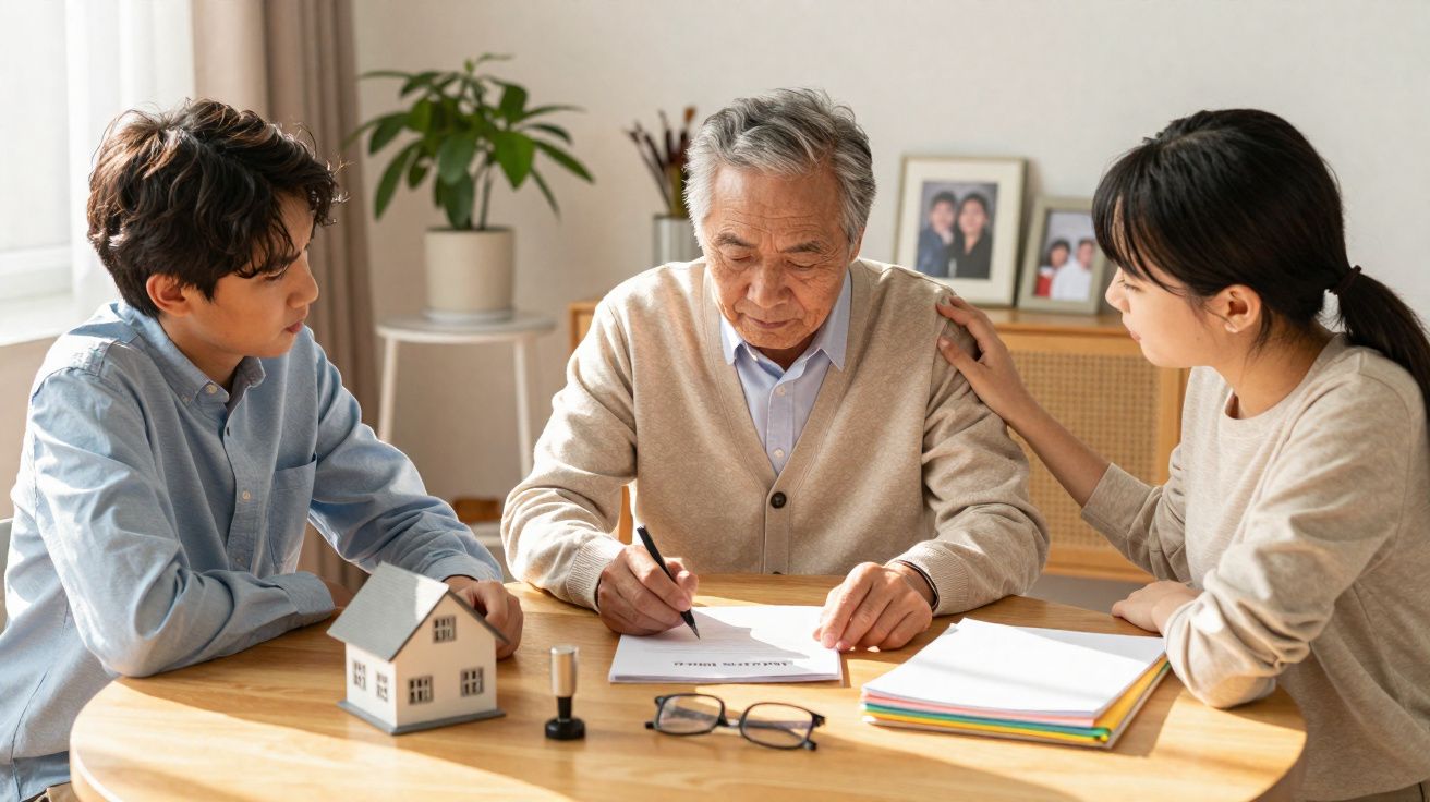 Homem idoso a assinar documentos numa mesa, com um jovem e uma jovem ao lado, em ambiente doméstico.
