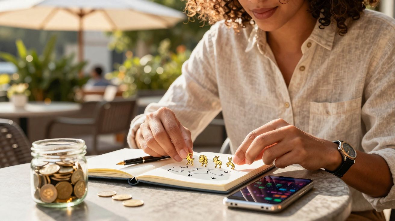 Pessoa a planear finanças pessoais usando caderno, moedas, smartphone e gráficos numa mesa exterior.