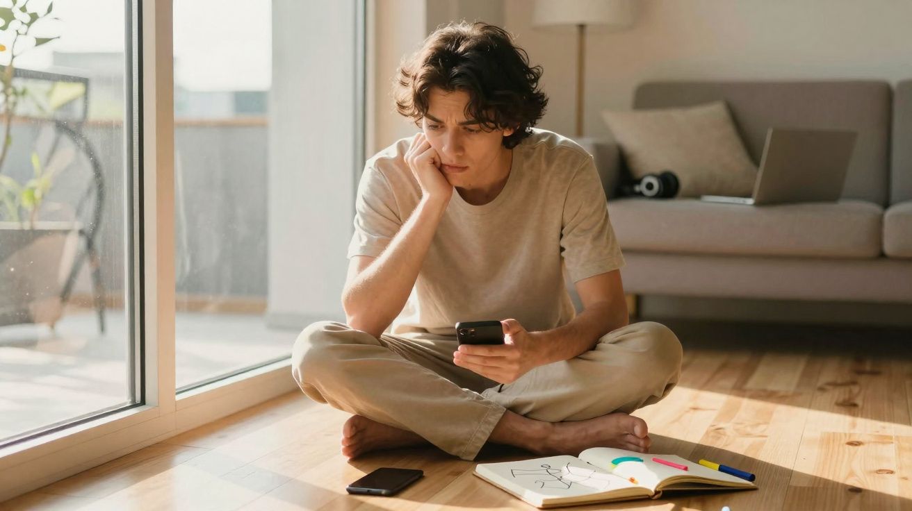 Jovem sentado no chão junto a uma janela, concentrado no telemóvel com caderno e canetas à frente.