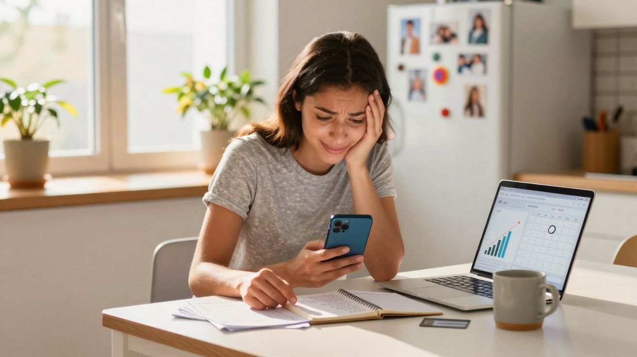 Jovem preocupada olhando para o telemóvel enquanto estuda com laptop e documentos numa mesa em casa.