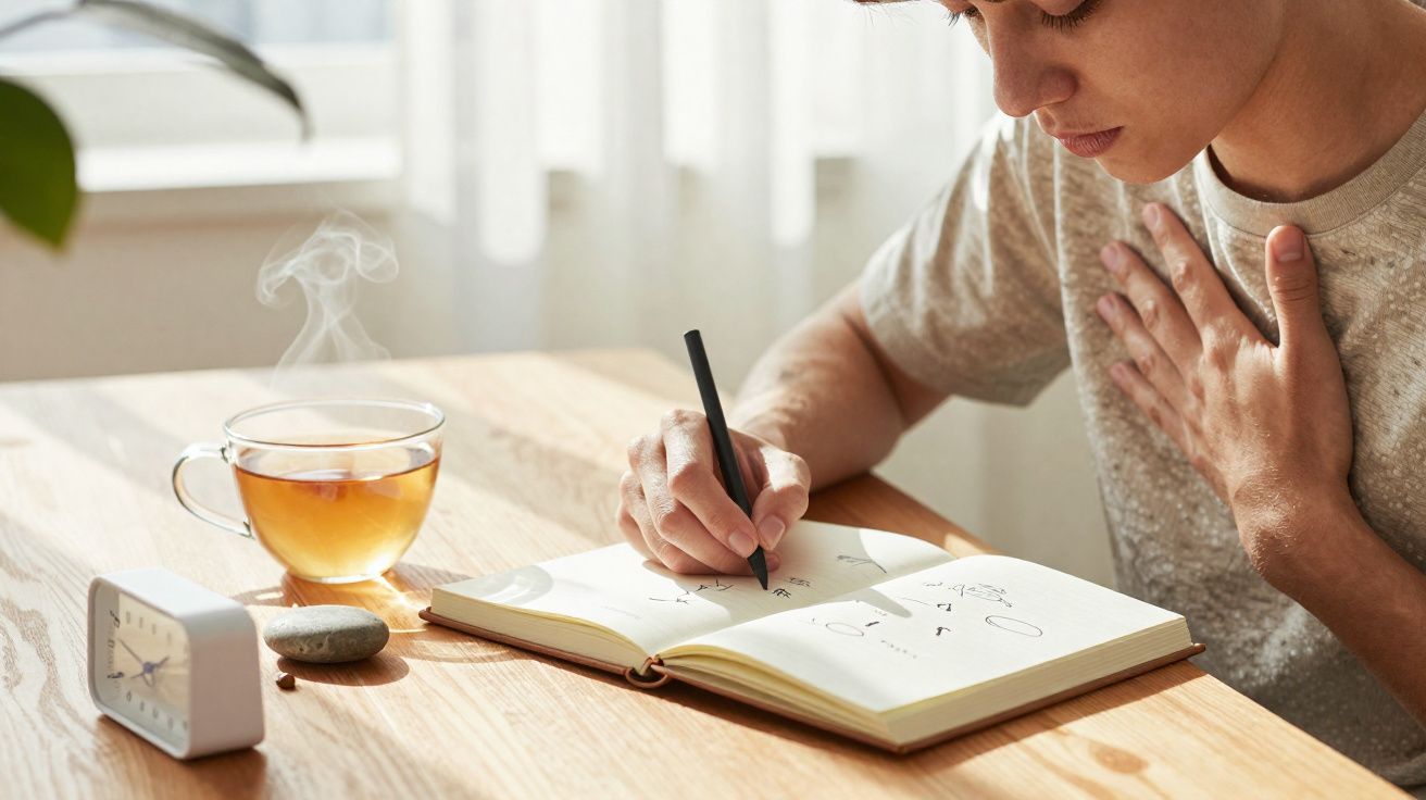 Pessoa a escrever num caderno enquanto segura o peito, com chá quente e relógio ao lado numa mesa de madeira.