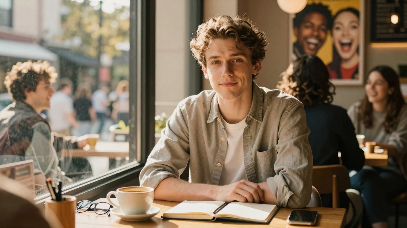Jovem sentado numa cafetaria, com caderno aberto e café na mesa, a olhar para a câmera sorrindo.