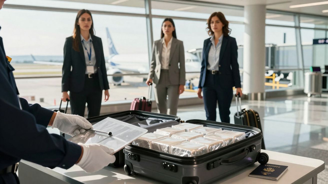 Agentes de segurança revistam mala com pacotes suspeitos no aeroporto enquanto três mulheres observam.