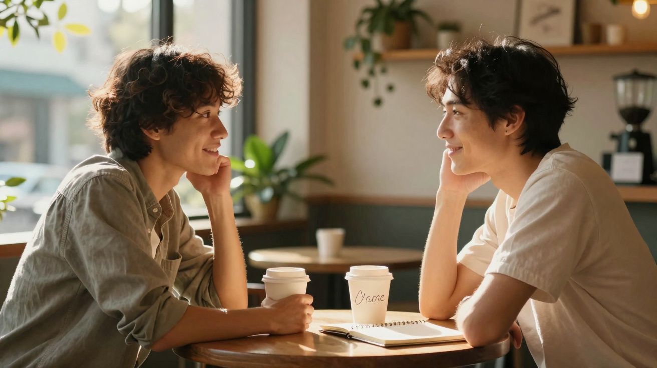 Duas pessoas sentadas numa mesa de café, a conversar e sorrir, cada uma com um copo de café à sua frente.