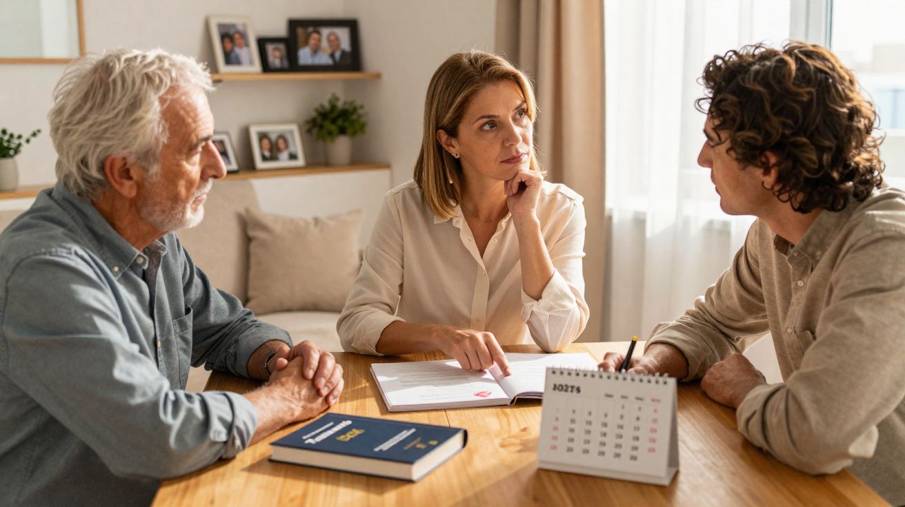 Três pessoas sentadas à mesa a discutir documentos e um calendário num ambiente acolhedor em casa.
